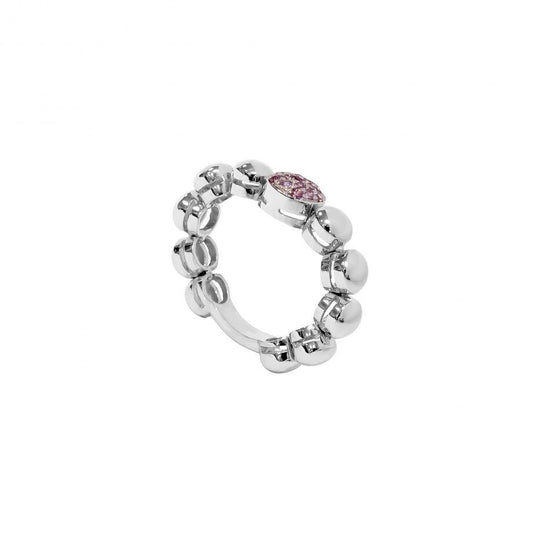anel dot feminino Topazio 1874 em prata com bolas decorativas e pedra rosa em navete