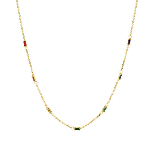 Elegante colar dourado com pedras coloridas da Carmo Joalheiros corrente fina com pequenas pedras retangulares espaçadas