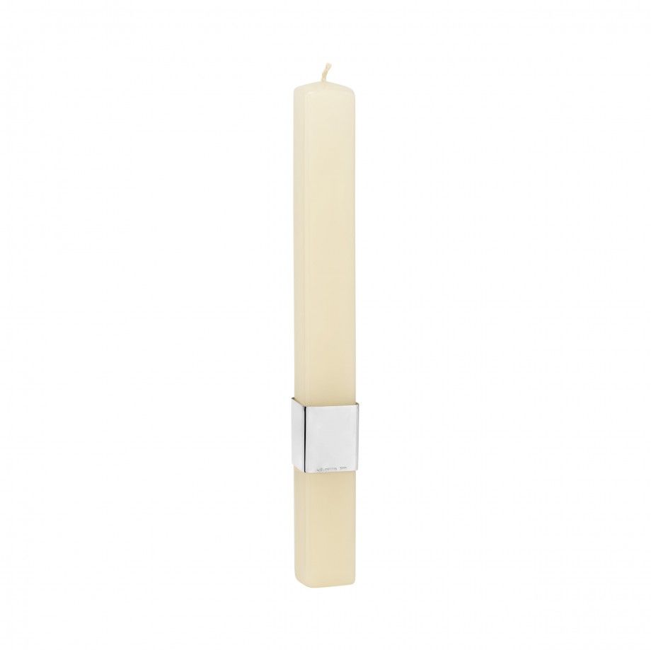 vela de batismo personalizada Topazio 1874 em cera marfim com anel prateado quadrado elegante