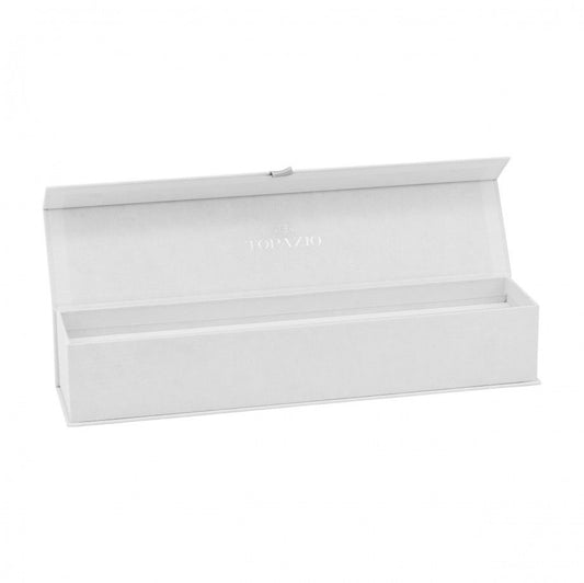estojo para vela de batismo Topázio 1874 branco retangular forrado com logotipo interior e fecho