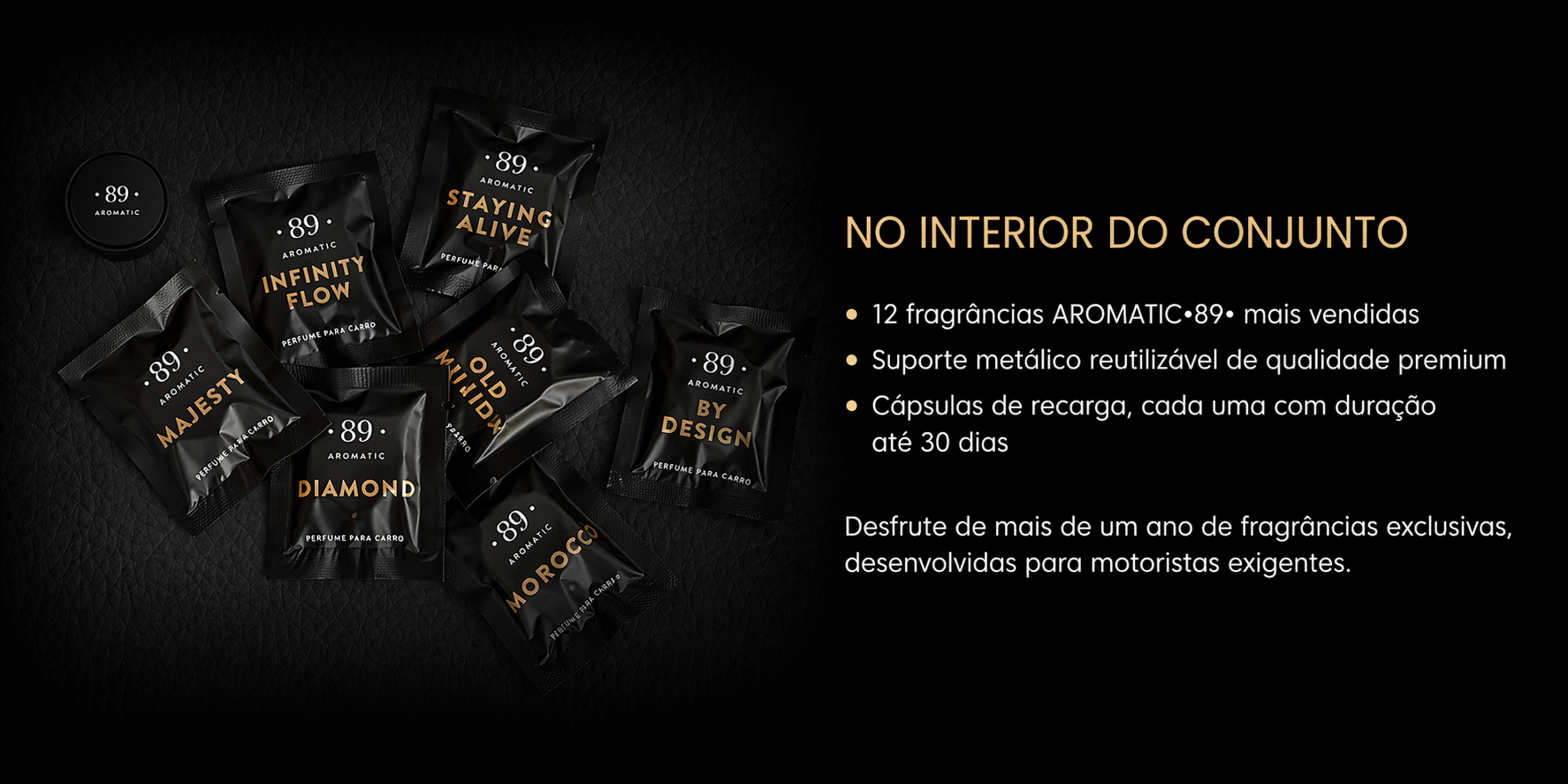 Conjunto Clipe Ar Carro AROMATIC•89• | 1 Clipe + 12 Aromas Fragrância Premium