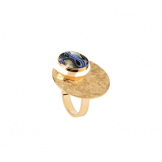 anel Amun-Ra Topázio 1874 em ouro com disco martelado e madrepérola abalone oval azul e roxo