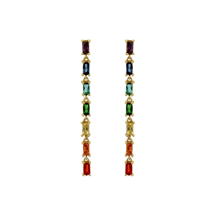 brincos coloridos femininos longos em ouro com fileira de pedras retangulares multicoloridas design elegante Carmo Joalheiros