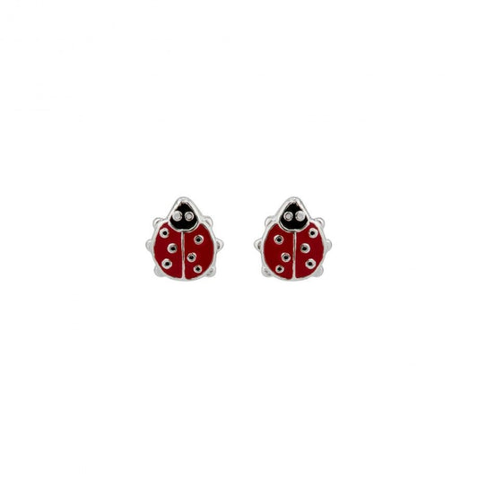 Brinco joaninha infantil prata com esmalte vermelho e pontos pretos fecho carrapeta para crianças Carmo Joalheiros