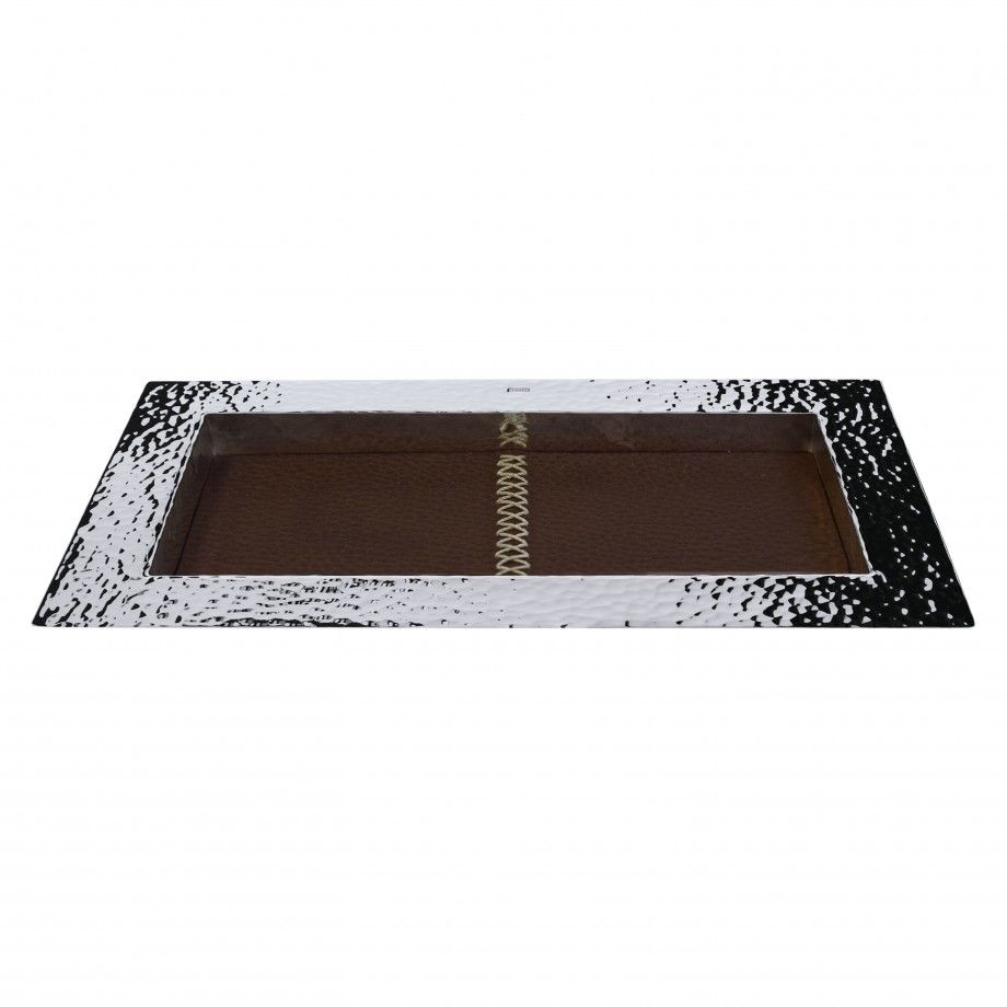 tabuleiro despeja bolsos decorativo Topazio 1874 bandeja retangular metal martelado prata interior couro marrom