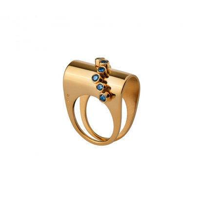 anel rivière feminino Carmo Joalheiros em ouro amarelo com cinco pedras azuis alinhadas verticalmente