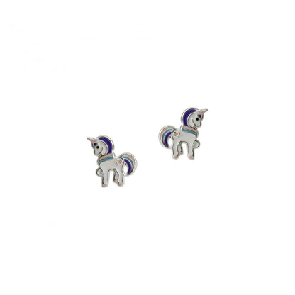 brincos de unicórnio infantil em prata e esmalte multicolor com detalhes roxo e rosa pequeno par da Carmo Joalheiros
