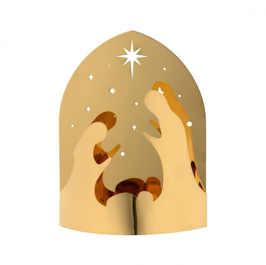 presépio dourado decorativo em metal polido por Carmo Joalheiros com forma de arco e figuras minimalistas